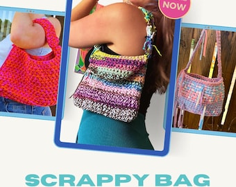 May include: A digital tablet screen displaying a crochet bag pattern. The bag is made with colorful yarn and has a fringe detail. The text on the screen reads "Scrappy Bag Make your own with this crochet pattern" and "Download Now".