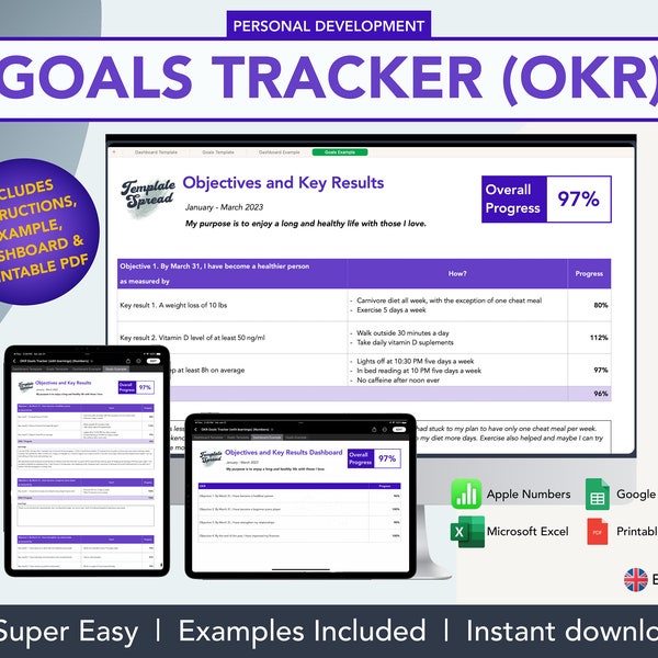 Goals Tracker Vorlage - Ziele und Schlüsselergebnisse (OKR) - Microsoft Excel, Apple Numbers, Google Sheets und druckbare PDF (Indigo Blue)