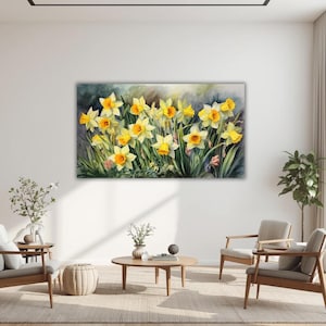 Daffodils Garden Watercolor Wall Art Canvas, Greenery Beautiful Garden Gift for Mom Garden Lover Watercolor Style Yellow Plant image 1