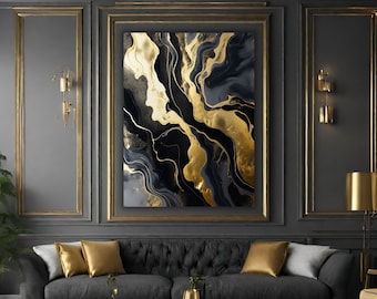 Gold & Black Abstract Canvas Print, Modern Luxury Home Decor, Housewarming Gift Idea, Premium Wall Art