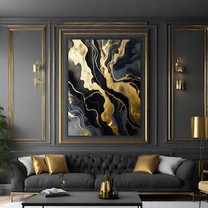 Abstract Luxury Wall Art Gold Black Grey Liquid Art Unique Design Art ...