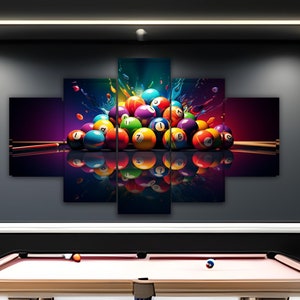 Multi Panel Set Canvas Pool Table Cue Sticks and Colorful Billiard, Color Splash Pool Balls Illustration, Game Room Decor Bar Neon Style