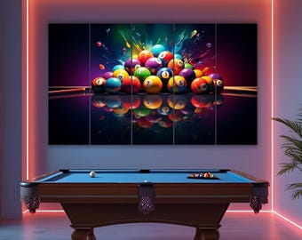 Billiards Pool Table Canvas Print, Multi Panel Splash Art, Game Home Decor, Bar Restaurant Displays
