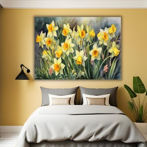 Daffodils Garden Watercolor Wall Art Canvas, Greenery Beautiful Garden Gift for Mom Garden Lover Watercolor Style Yellow Plant