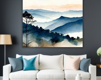 Wall Art Nature Mountains Watercolors Canvas Wall Art Print Abstract Art Watercolor For Living Room Home Decor Office Outdoor Art Blue Print