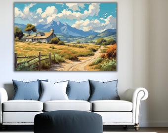 Countryside Landscape Paint by Numbers Style Wall Art Canvas PBN Style Foothill Art Nature Farmhouse Country Living Illustration Print