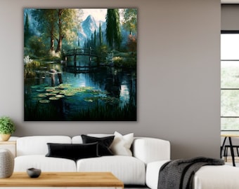 Wall Art Nature Landscape Greenery Pond Bridge Impressionist Art Blue Landscape Nature Art Canvas for Living Room Ready to Hang