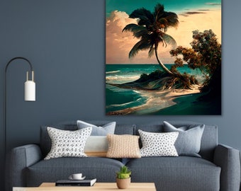 Beach Island Palm Tree Canvas Wall Art Blue Ocean Waves Wall Art Nature Landscape Art Living Room Decor