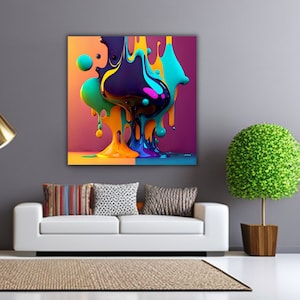 May include: Abstract painting featuring a colorful, dripping, liquid form in shades of blue, green, purple, and yellow. The liquid appears to be falling from the top of the canvas and creating a dynamic, abstract design.