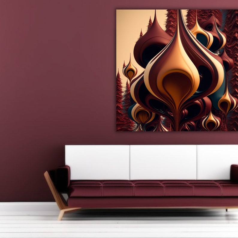 May include: Abstract art print featuring a swirling pattern of red, brown, and gold shapes. The print is framed and hanging on a wall above a burgundy sofa.