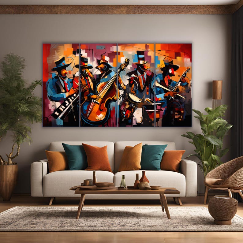 Jazz Band Wall Art Multi Panel Canvas, Abstract Afro Music, Vibrant and ...