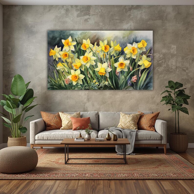 Daffodils Garden Watercolor Wall Art Canvas, Greenery Beautiful Garden Gift for Mom Garden Lover Watercolor Style Yellow Plant image 12