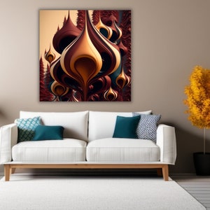 May include: Abstract art print featuring a cluster of swirling, overlapping shapes in shades of brown, gold, and teal. The shapes resemble stylized flowers or bulbs, creating a dynamic and organic composition.
