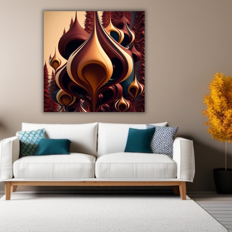 May include: Abstract art print featuring a cluster of swirling, overlapping shapes in shades of brown, gold, and teal. The shapes resemble stylized flowers or bulbs, creating a dynamic and organic composition.