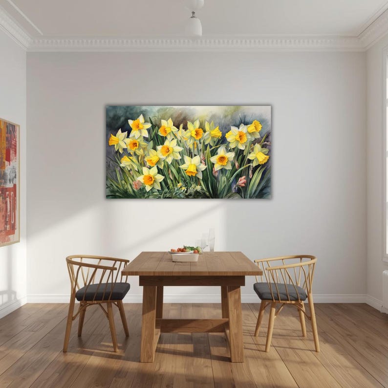 Daffodils Garden Watercolor Wall Art Canvas, Greenery Beautiful Garden Gift for Mom Garden Lover Watercolor Style Yellow Plant image 10