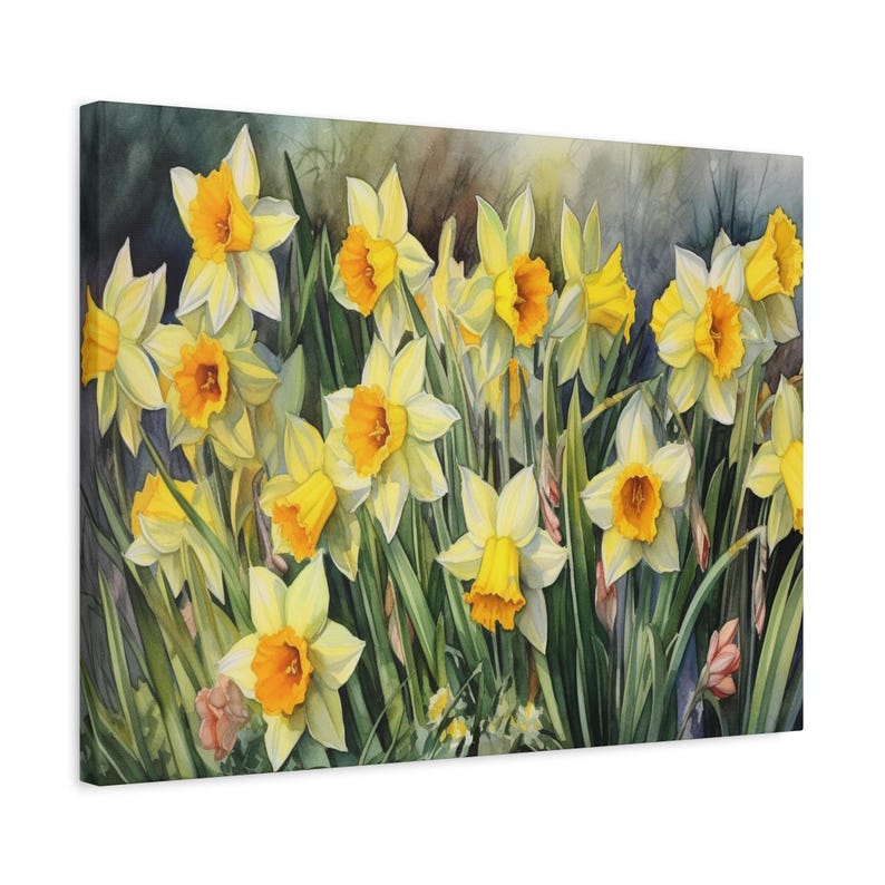 Daffodils Garden Watercolor Wall Art Canvas, Greenery Beautiful Garden Gift for Mom Garden Lover Watercolor Style Yellow Plant image 11