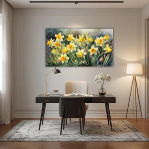 Daffodils Garden Watercolor Wall Art Canvas, Greenery Beautiful Garden Gift for Mom Garden Lover Watercolor Style Yellow Plant image 7