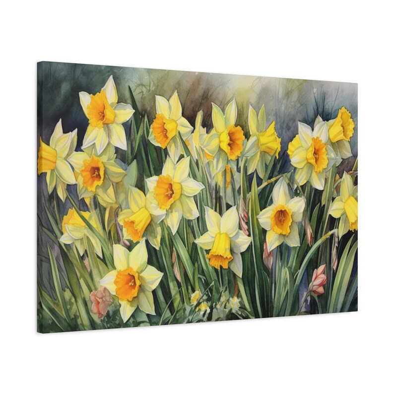 Daffodils Garden Watercolor Wall Art Canvas, Greenery Beautiful Garden Gift for Mom Garden Lover Watercolor Style Yellow Plant image 13