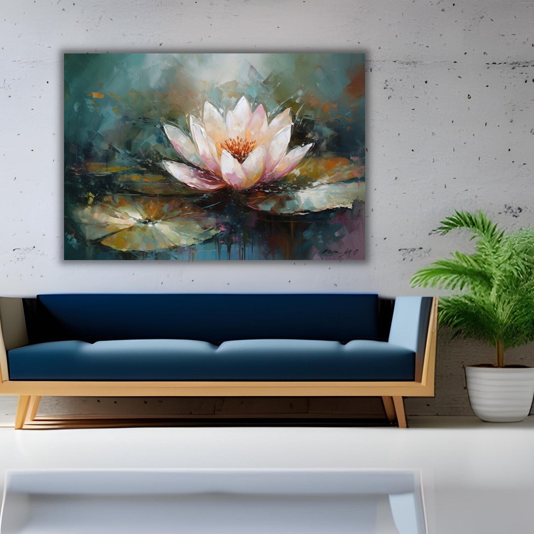 Lotus Flower Painting, Greenery Wall Print, Peaceful Art, Large Canvas ...