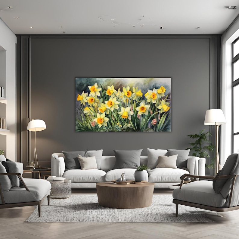 Daffodils Garden Watercolor Wall Art Canvas, Greenery Beautiful Garden Gift for Mom Garden Lover Watercolor Style Yellow Plant image 6