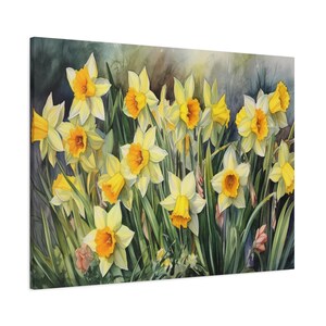 Daffodils Garden Watercolor Wall Art Canvas, Greenery Beautiful Garden Gift for Mom Garden Lover Watercolor Style Yellow Plant image 5