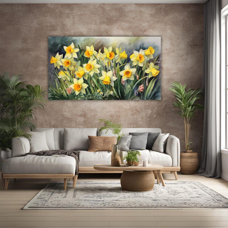 Daffodils Garden Watercolor Wall Art Canvas, Greenery Beautiful Garden Gift for Mom Garden Lover Watercolor Style Yellow Plant image 4
