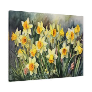 Daffodils Garden Watercolor Wall Art Canvas, Greenery Beautiful Garden Gift for Mom Garden Lover Watercolor Style Yellow Plant image 8