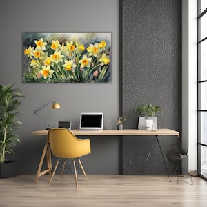 Daffodils Garden Watercolor Wall Art Canvas, Greenery Beautiful Garden Gift for Mom Garden Lover Watercolor Style Yellow Plant image 2