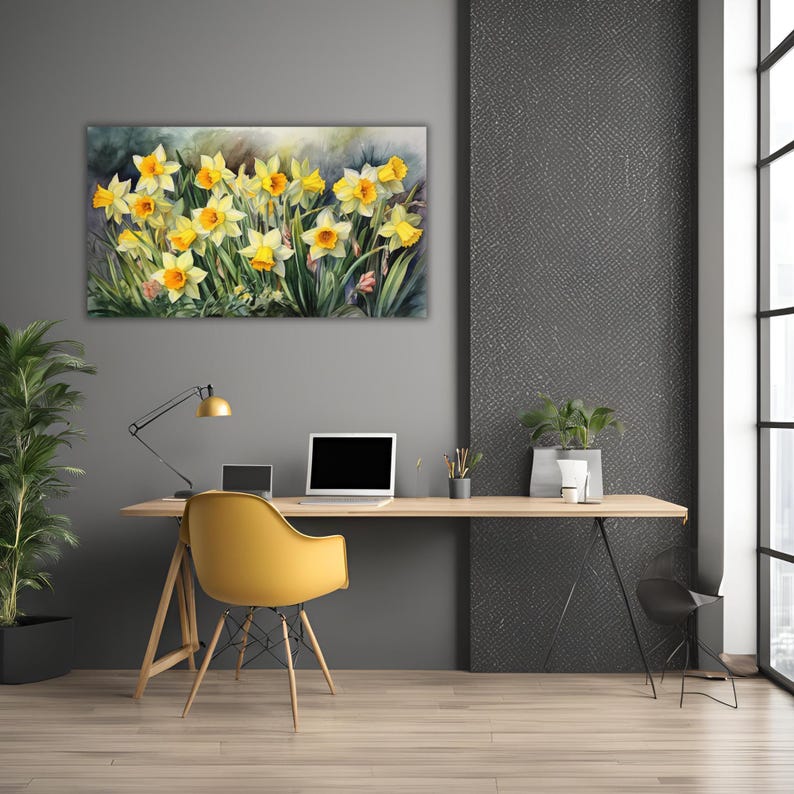 Daffodils Garden Watercolor Wall Art Canvas, Greenery Beautiful Garden Gift for Mom Garden Lover Watercolor Style Yellow Plant image 2