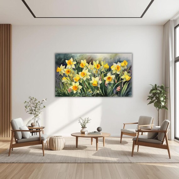 Daffodils Garden Watercolor Wall Art Canvas, Greenery Beautiful Garden Gift for Mom Garden Lover Watercolor Style Yellow Plant