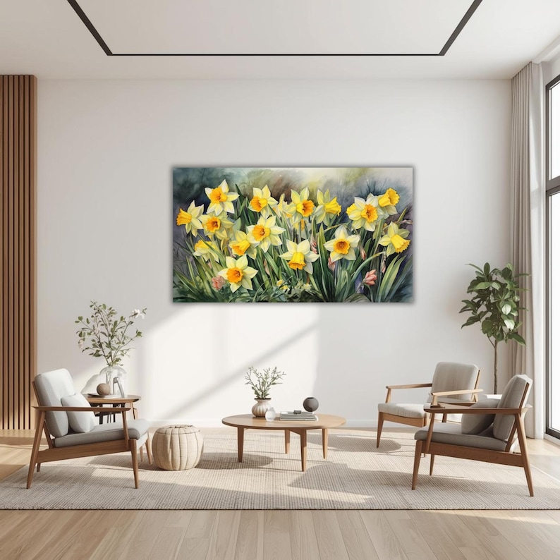 Daffodils Garden Watercolor Wall Art Canvas, Greenery Beautiful Garden Gift for Mom Garden Lover Watercolor Style Yellow Plant image 1