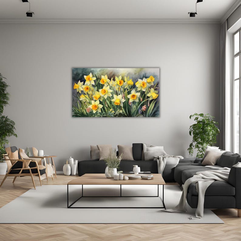 Daffodils Garden Watercolor Wall Art Canvas, Greenery Beautiful Garden Gift for Mom Garden Lover Watercolor Style Yellow Plant image 9