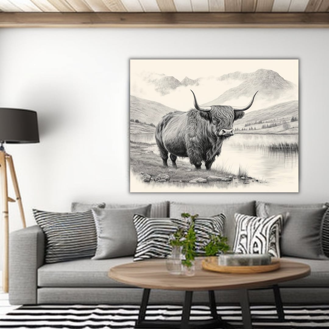 Wildlife Highland Cow Canvas Wall Art Black and White Animal Wall Art