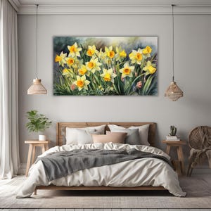 Daffodils Garden Watercolor Wall Art Canvas, Greenery Beautiful Garden Gift for Mom Garden Lover Watercolor Style Yellow Plant image 3