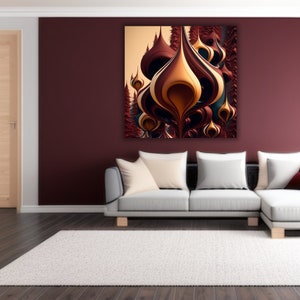 May include: Abstract art print featuring a swirling pattern of brown, gold, and teal colors. The pattern resembles a cluster of stylized, organic shapes.