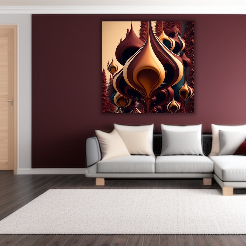 May include: Abstract art print featuring a swirling pattern of brown, gold, and teal colors. The pattern resembles a cluster of stylized, organic shapes.