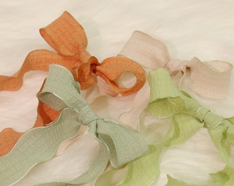 Crinkled & Ruffled Ribbon with Seam Binding, 25mm (1”) wide,Colour of Khaki, Papaya, Pistachio, Tea