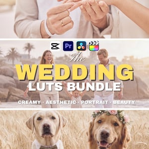 May include: A digital product advertisement titled The WEDDING LUTS BUNDLE featuring icons for video editing software, a couple exchanging rings, a family walking on a beach, and two dogs in a field, one wearing a bowtie and one with a flower crown.