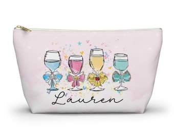 Custom Disney Princess Makeup Bag Disney Cosmetic Bag Personalized Cinderella Aurora Belle Jasmine Princess Wine Glass Zipper Pencil Pouch