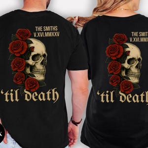 May include: Black t-shirts featuring a skull design with red roses and the text "THE SMITHS V.XVI.MMXXV" above the skull and "'til death" below. The design is centered on the back of the shirt.