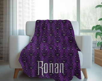 Haunted Mansion Custom Thin Velveteen Blanket, Haunted Mansion Personalized Throw, Off White Reverse Side, 1-sided Print, Disney Blanket