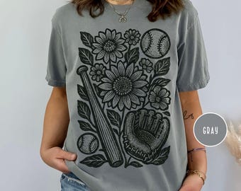 Boho Floral Baseball Shirt for Game Day, Comfort Colors, Ballpark Mama T-Shirt, Baseball Mom Girlfriend, Coquette Baseball Retro Doodle Tee