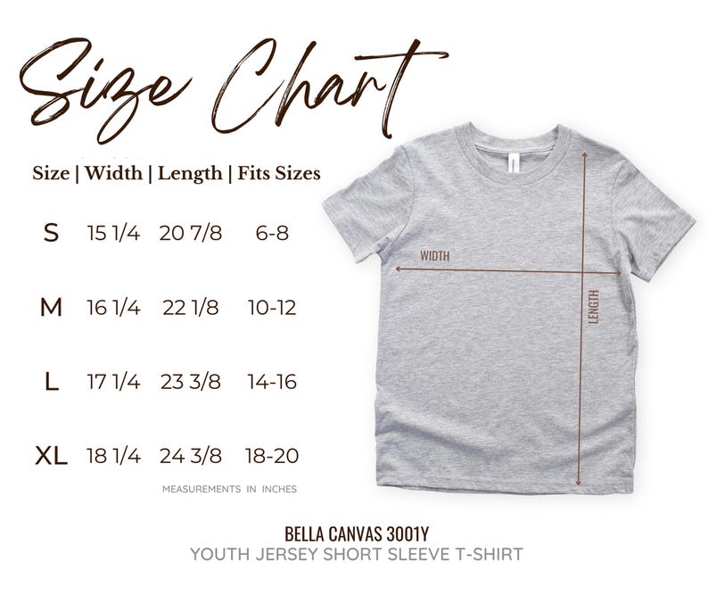 May include: A light gray youth jersey short sleeve t-shirt with a size chart. The chart shows measurements in inches for sizes S, M, L, and XL. The Bella Canvas 3001Y shirt has width and length measurements.