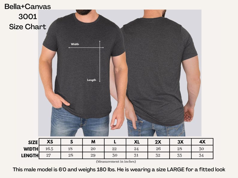 May include: A dark gray Bella+Canvas 3001 t-shirt, shown from the front and back. The image includes a size chart with measurements in inches, ranging from XS to 4X. The model is 6'0 and 180 lbs, wearing a size LARGE.