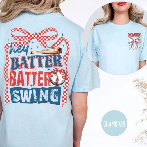 Hey Batter Batter Swing Custom Shirt Comfort Colors, Coquette Baseball, Baseball Lover Baseball Mom Game Day Tee, Baseball Girlfriend Gifts