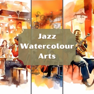 Watercolour Jazz Poster - Set Of 3, Wall Art, Ambient, Commercial Use, Blues Picture, Bass Guitar, Digital Download PNG, Saxophone, Trumpet