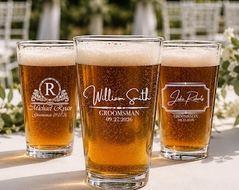 Personalized Groomsmen Pint Glass, Engraved Beer Glass with Name, Role and Date, Best Man Wedding Party Gift