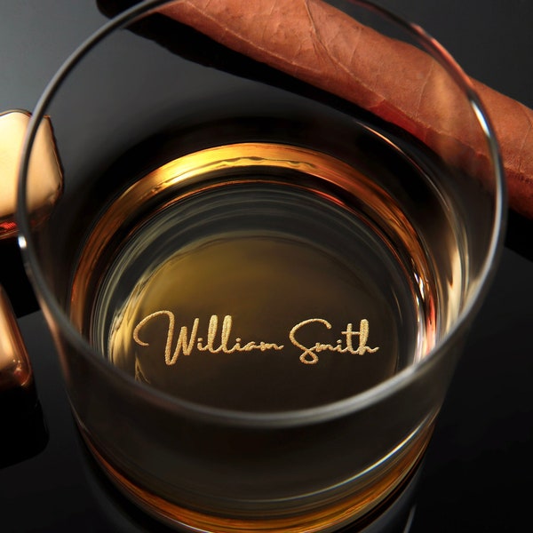 Custom Whiskey Glass with premium quality side and bottom engraving for any special occasion. Comes with free Gift Box.