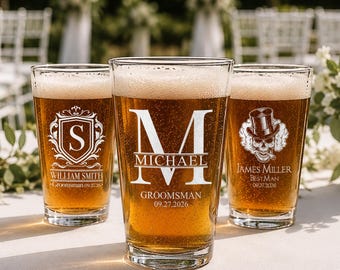 Custom Engraved Beer Glass for Groomsmen, Personalized Pint Glass, Wedding Party Gift, Best Man and Groom Gift