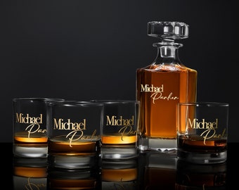 Custom Whiskey Decanter Set with Premium Engraving Quality and Gold Paint, Christmas and Fathers Day Gift - Comes with Free Gift Boxes